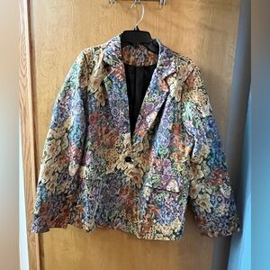 Womens Floral Multicolor  Tapestry Lined Blazer Pockets Size XXL EUC Blue Black